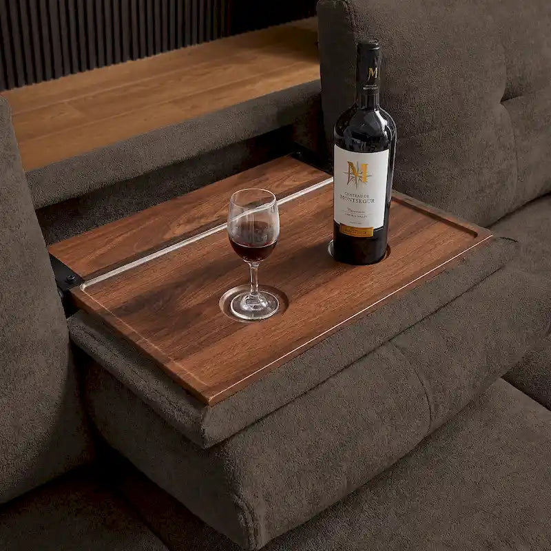 109  Modern 4 Seaters Towelling Sectional Sofa with Hidden Coffee Table Adjustable Headrest and Large Storage Space