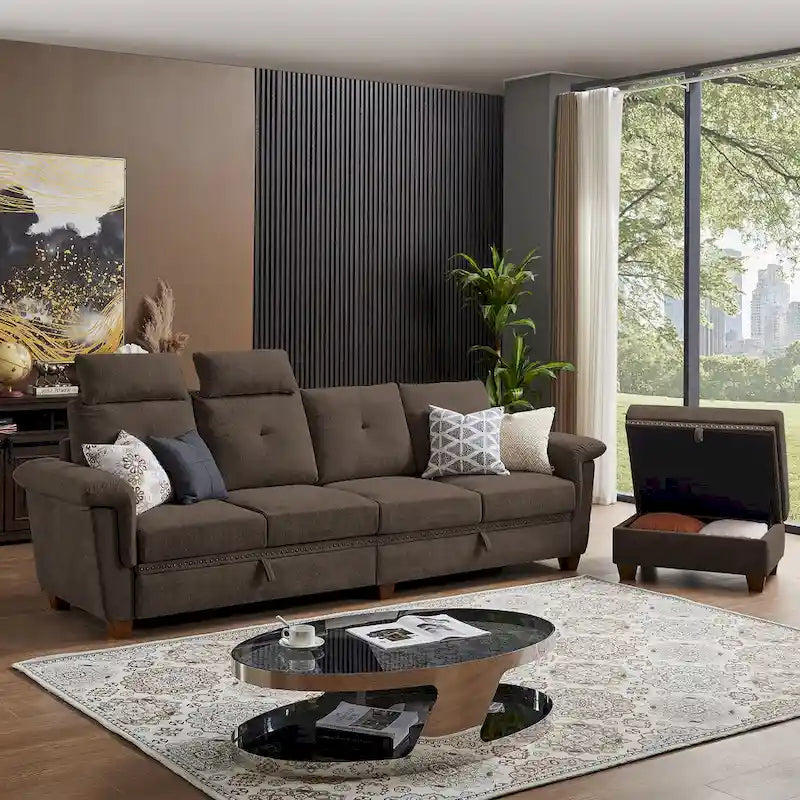 109  Modern 4 Seaters Towelling Sectional Sofa with Hidden Coffee Table Adjustable Headrest and Large Storage Space