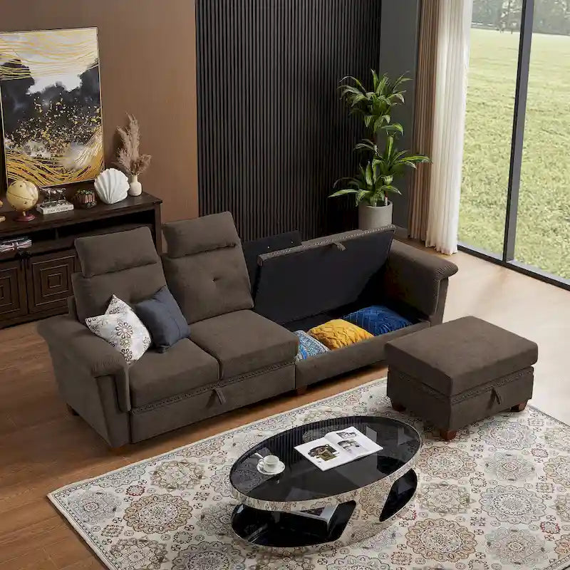 109  Modern 4 Seaters Towelling Sectional Sofa with Hidden Coffee Table Adjustable Headrest and Large Storage Space