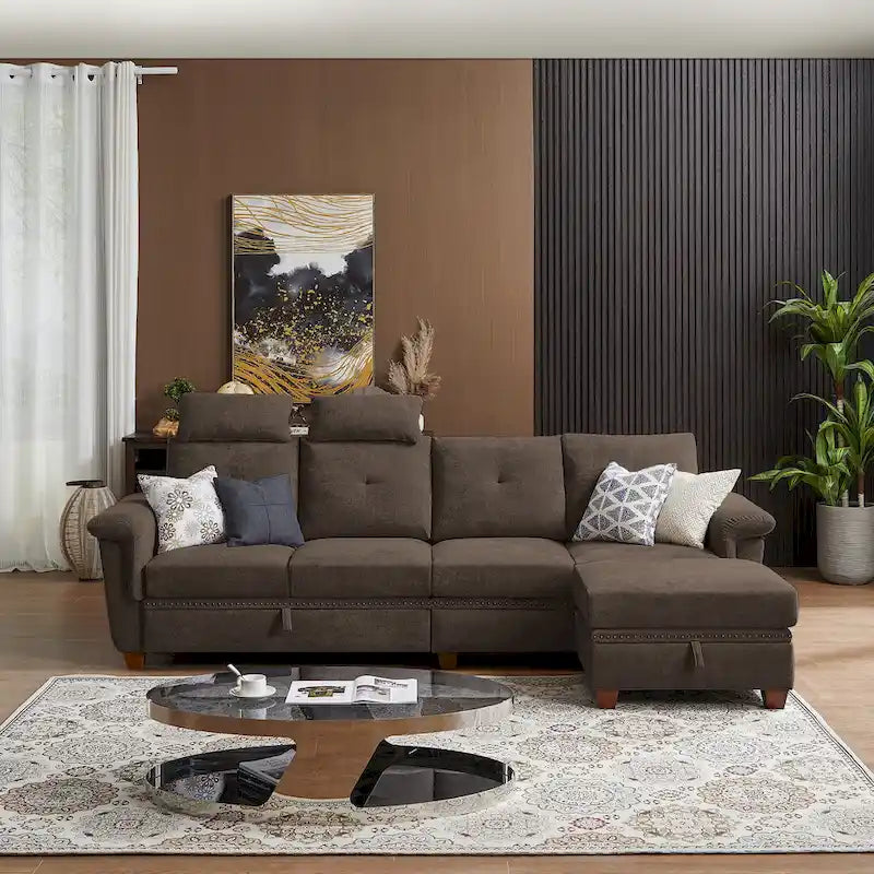 109  Modern 4 Seaters Towelling Sectional Sofa with Hidden Coffee Table Adjustable Headrest and Large Storage Space