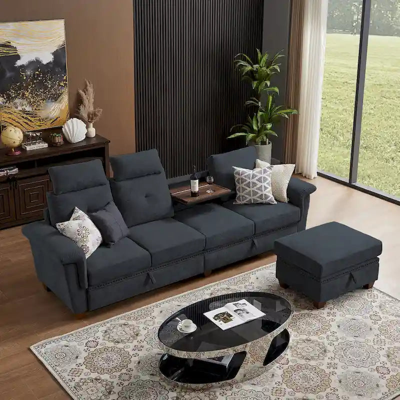 109  Modern 4 Seaters Towelling Sectional Sofa with Hidden Coffee Table Adjustable Headrest and Large Storage Space