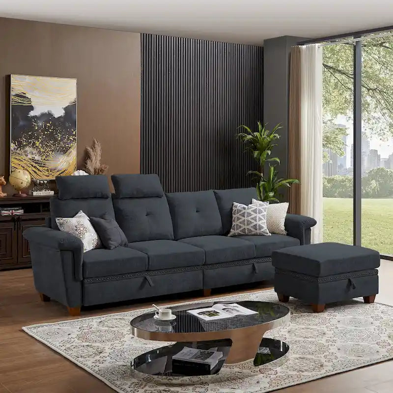 109  Modern 4 Seaters Towelling Sectional Sofa with Hidden Coffee Table Adjustable Headrest and Large Storage Space