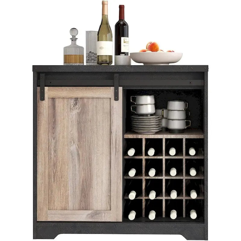 Coffee Bar Cabinet with Sliding Barn Door, Industrial Buffet Cabinet with Wine Storage