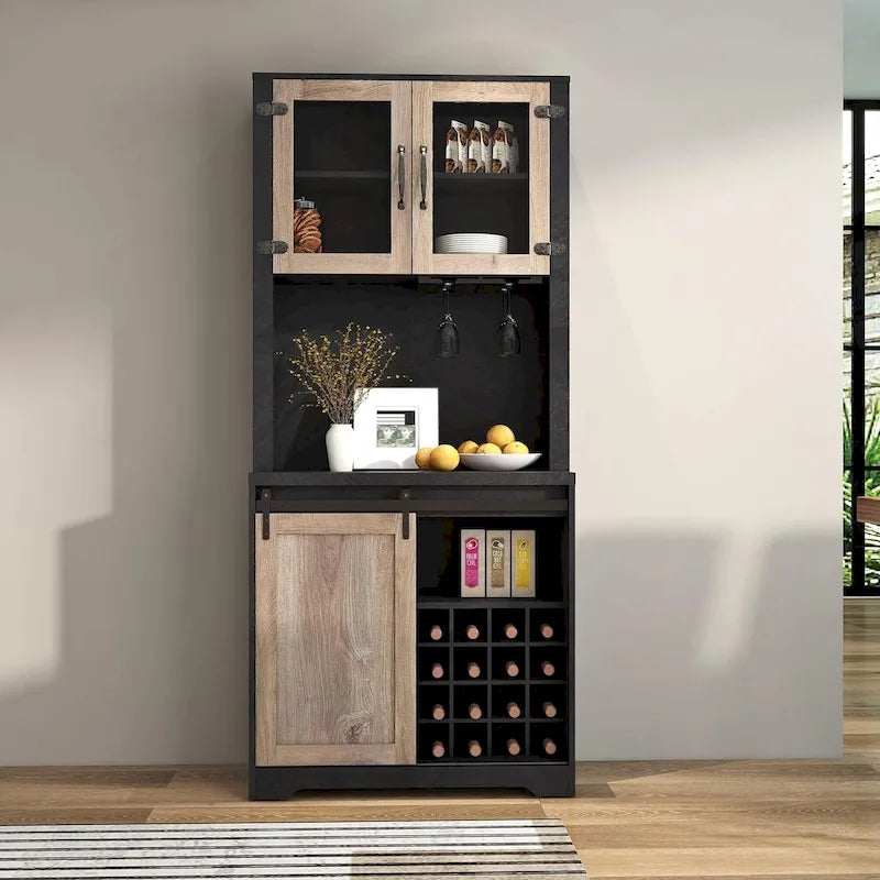 Coffee Bar Cabinet with Sliding Barn Door, Industrial Buffet Cabinet with Wine Storage