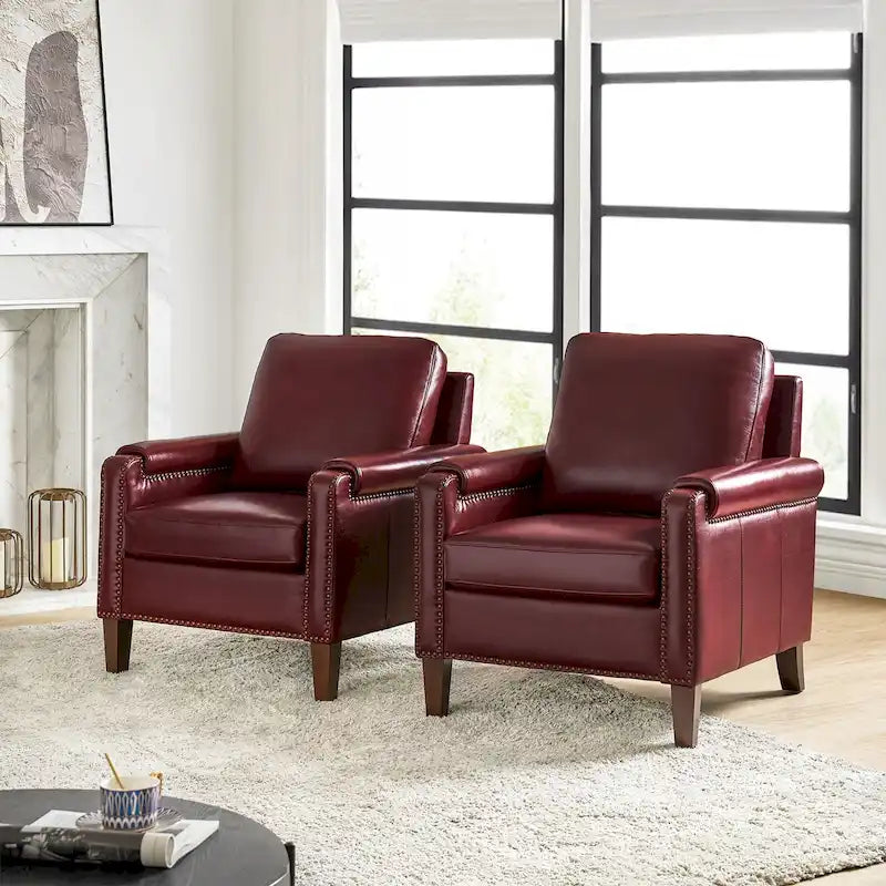 Kunz Transitional Genuine Leather Armchair with Removable Cushion and Nailhead Trims Set of 2 by HULALA HOME