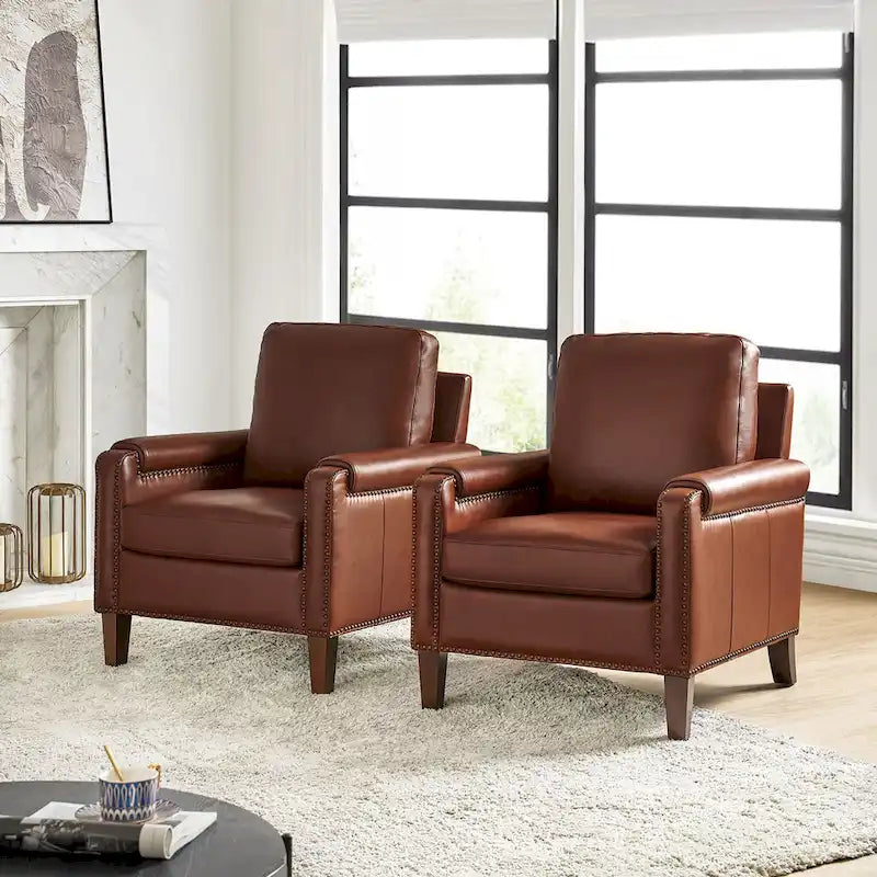 Kunz Transitional Genuine Leather Armchair with Removable Cushion and Nailhead Trims Set of 2 by HULALA HOME