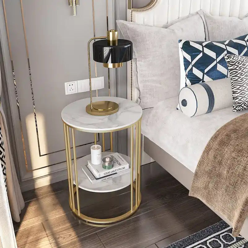2 Tier Round Sintered Stone End Table Sofa Side Table with Golden Frame
