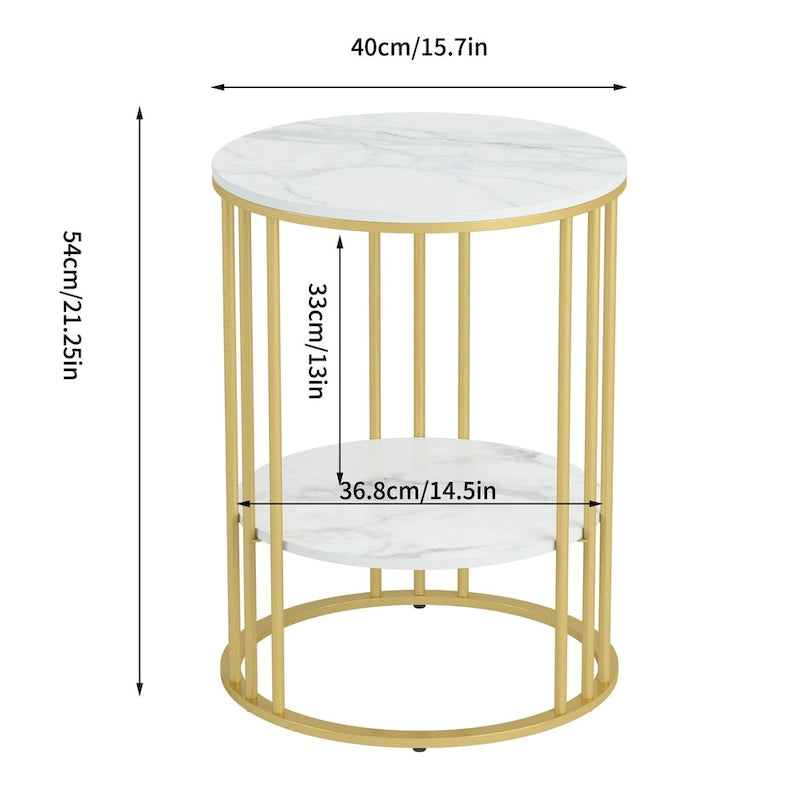 2 Tier Round Sintered Stone End Table Sofa Side Table with Golden Frame