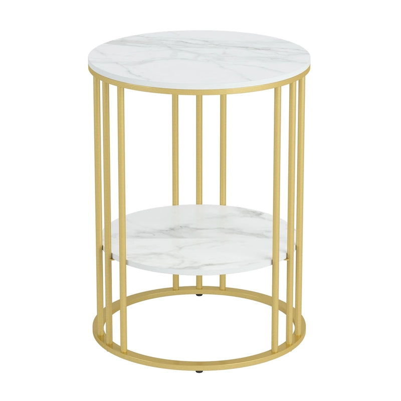 2 Tier Round Sintered Stone End Table Sofa Side Table with Golden Frame