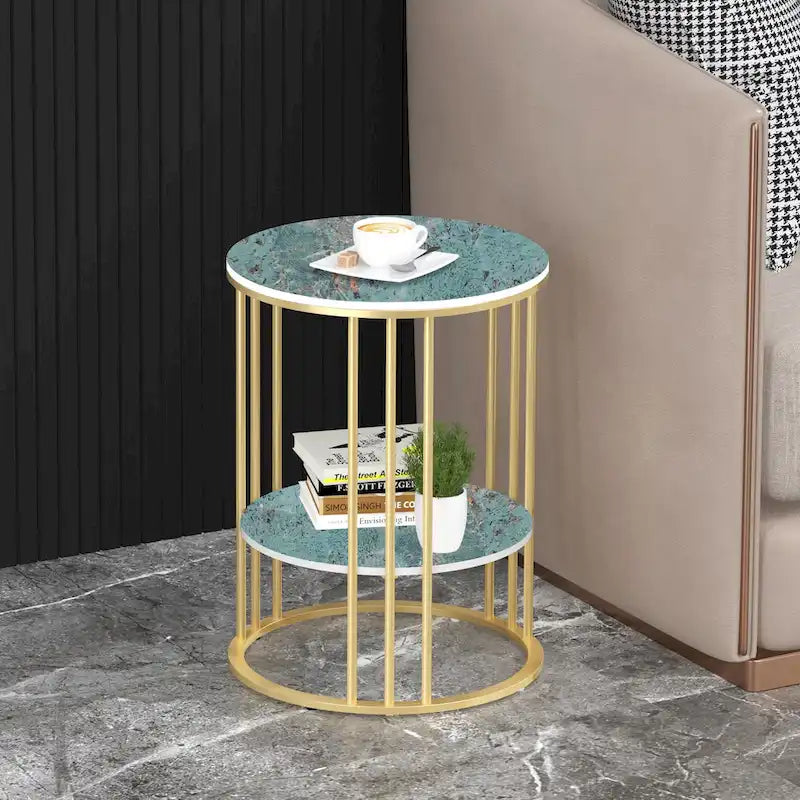 2 Tier Round Sintered Stone End Table Sofa Side Table with Golden Frame