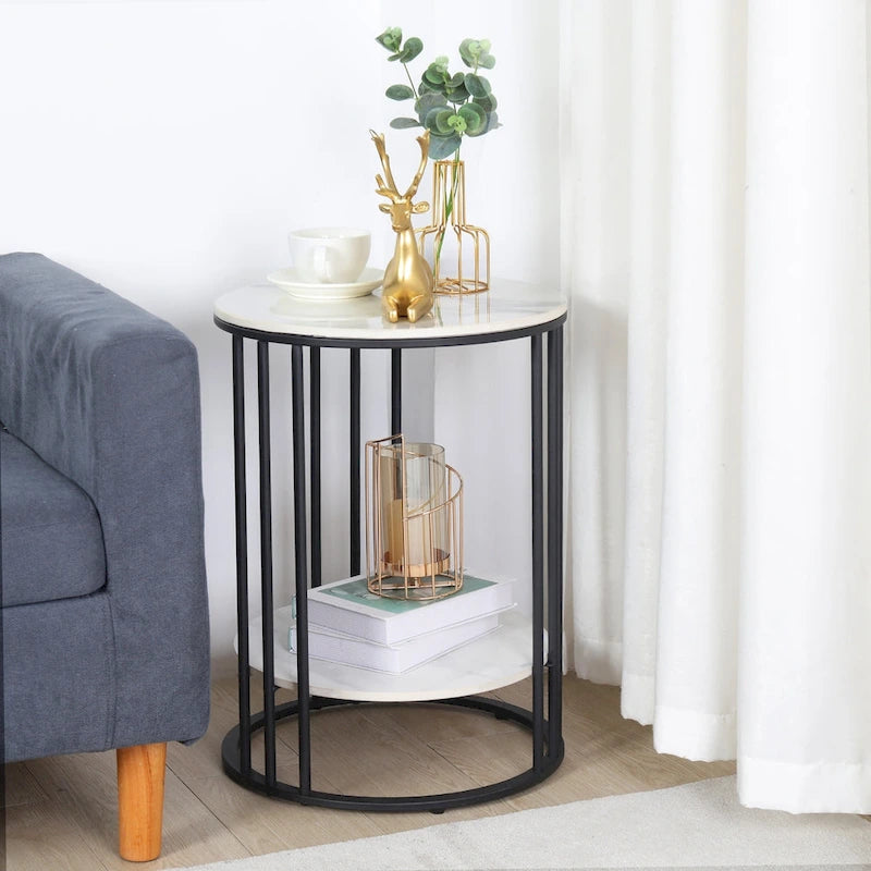2 Tier Round Sintered Stone End Table Sofa Side Table with Golden Frame