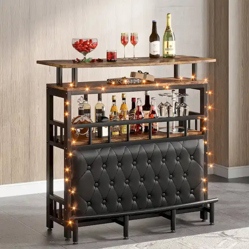 Bar Unit Bar Counter Table for Home Liquor with Front Upholstered Storage Shelf Metal Front Footrest for Home Basement