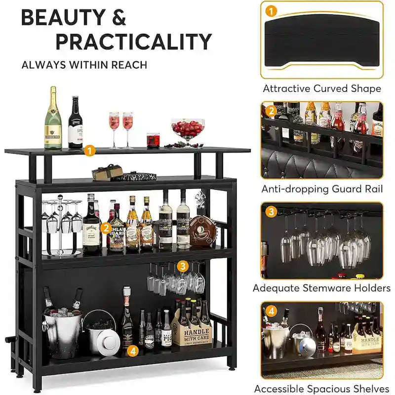 Bar Unit Bar Counter Table for Home Liquor with Front Upholstered Storage Shelf Metal Front Footrest for Home Basement