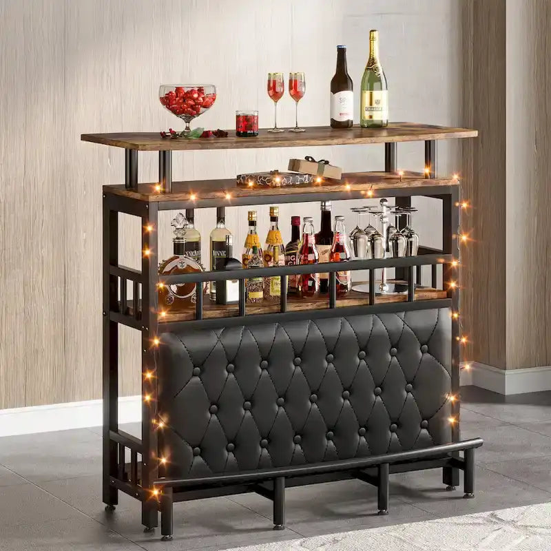 Bar Unit Bar Counter Table for Home Liquor with Front Upholstered Storage Shelf Metal Front Footrest for Home Basement