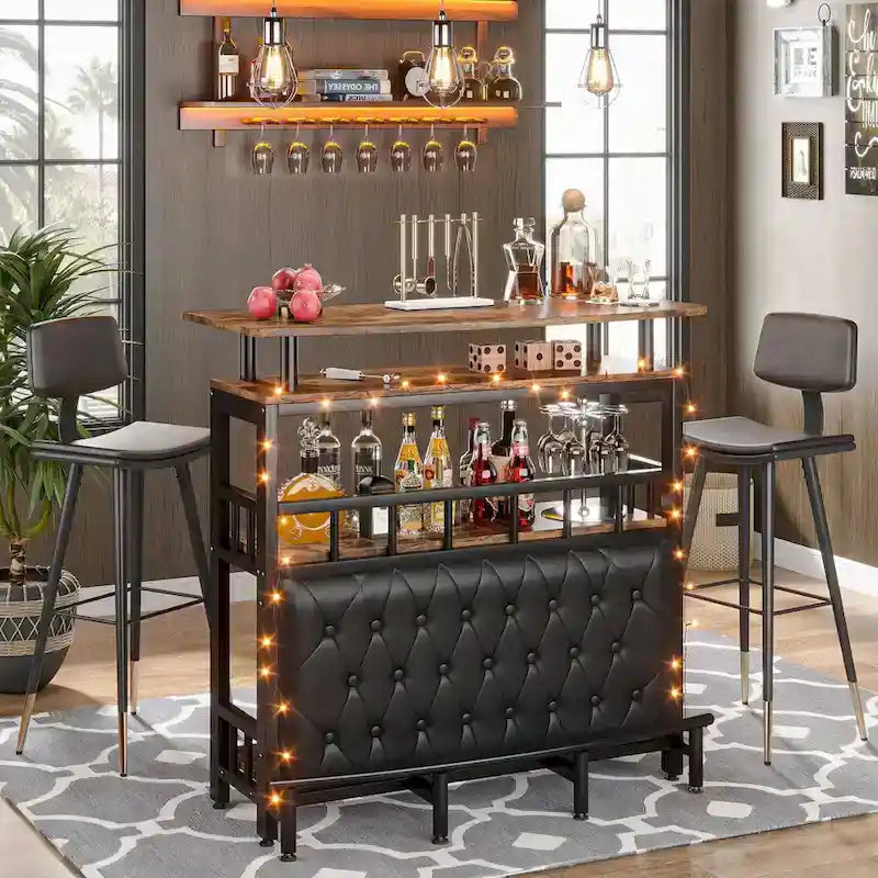 Bar Unit Bar Counter Table for Home Liquor with Front Upholstered Storage Shelf Metal Front Footrest for Home Basement