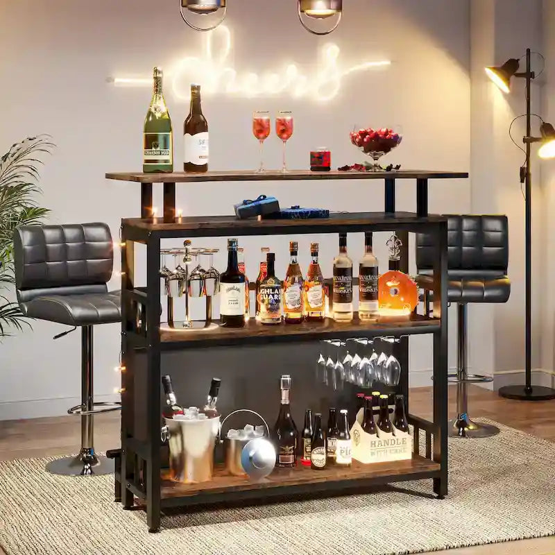 Bar Unit Bar Counter Table for Home Liquor with Front Upholstered Storage Shelf Metal Front Footrest for Home Basement