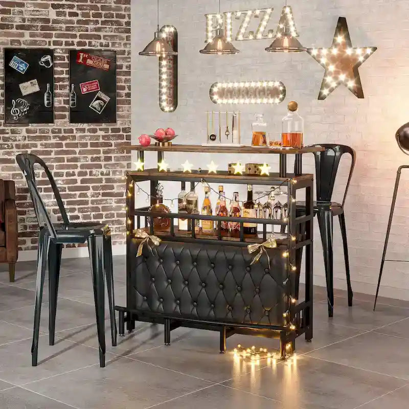 Bar Unit Bar Counter Table for Home Liquor with Front Upholstered Storage Shelf Metal Front Footrest for Home Basement