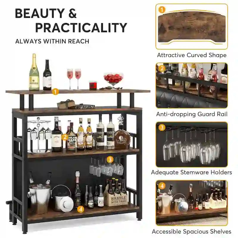 Bar Unit Bar Counter Table for Home Liquor with Front Upholstered Storage Shelf Metal Front Footrest for Home Basement