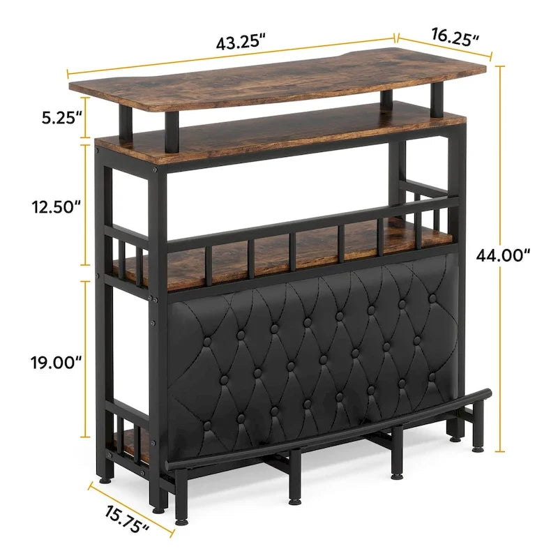 Bar Unit Bar Counter Table for Home Liquor with Front Upholstered Storage Shelf Metal Front Footrest for Home Basement