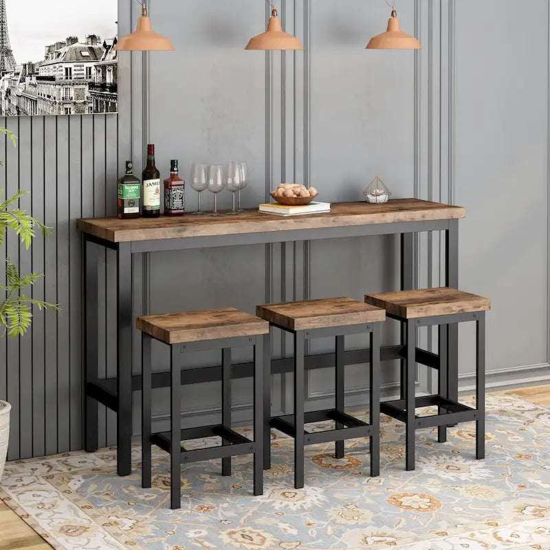 Extra Long Dining Table Set with 3 Stools Pub