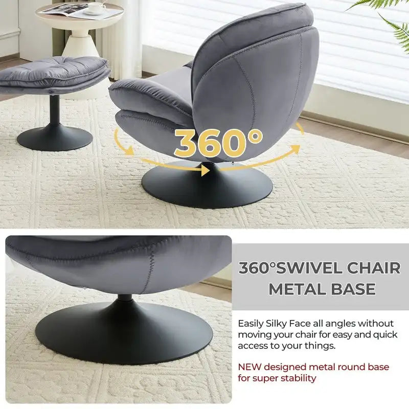 Velvet Swivel Accent Chair with Ottoman Round Reading Accent Chair Foot Stool Ottoman Set,360 Swivel,Metal Frame