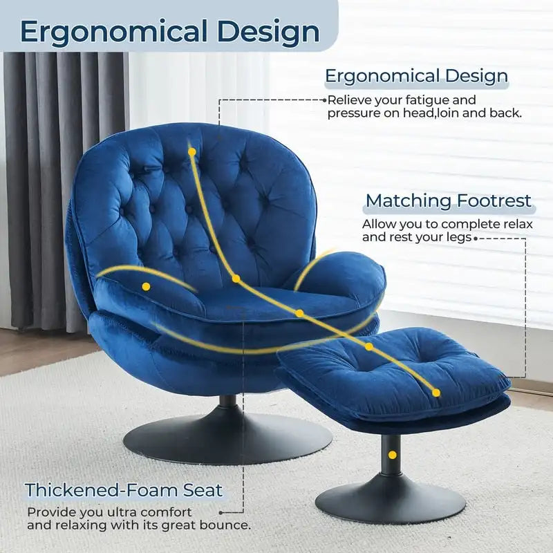 Velvet Swivel Accent Chair with Ottoman Round Reading Accent Chair Foot Stool Ottoman Set,360 Swivel,Metal Frame