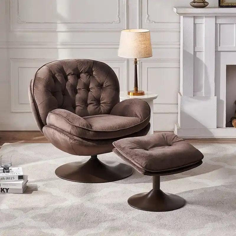 Velvet Swivel Accent Chair with Ottoman Round Reading Accent Chair Foot Stool Ottoman Set,360 Swivel,Metal Frame
