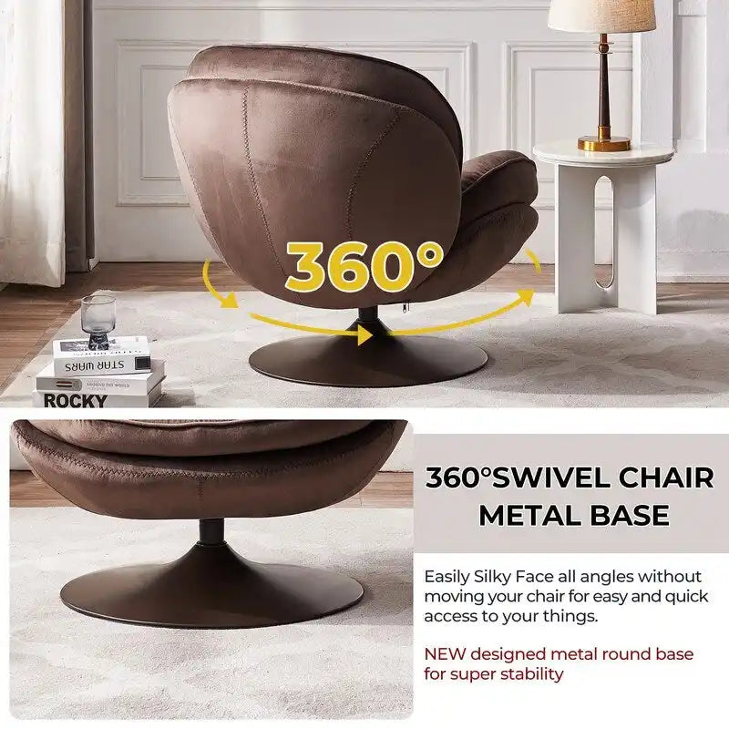 Velvet Swivel Accent Chair with Ottoman Round Reading Accent Chair Foot Stool Ottoman Set,360 Swivel,Metal Frame