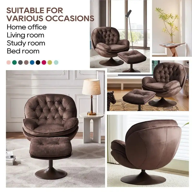 Velvet Swivel Accent Chair with Ottoman Round Reading Accent Chair Foot Stool Ottoman Set,360 Swivel,Metal Frame