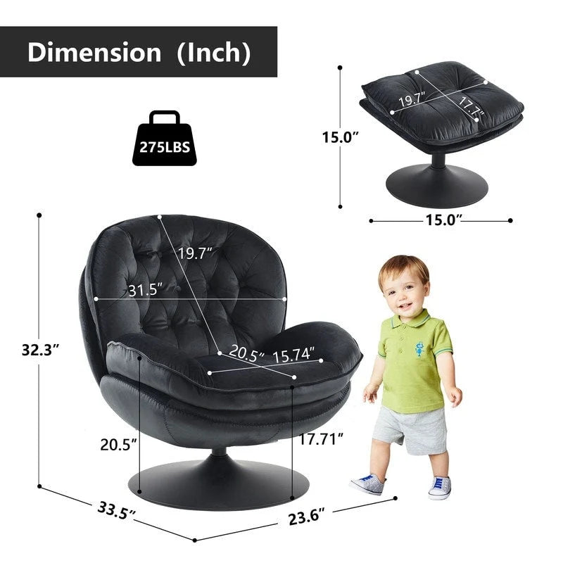 Velvet Swivel Accent Chair with Ottoman Round Reading Accent Chair Foot Stool Ottoman Set,360 Swivel,Metal Frame