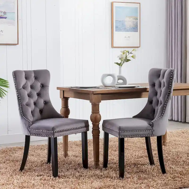 Dining Chairs Set of 2, Upholstered Accent Chair Button Tufted Armless Chair with Back Ring Pull and Nailhead Trim