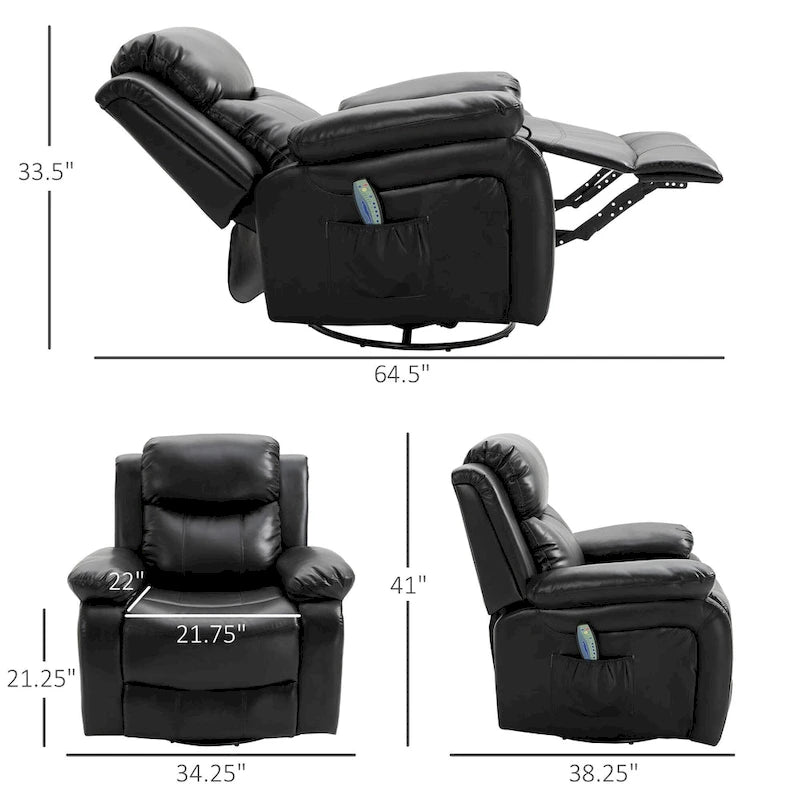 HOMCOM PU Leather Massage Recliner Chair, Swivel Rocker Sofa with Remote Control, Footrest, Padded Seat for Living Room