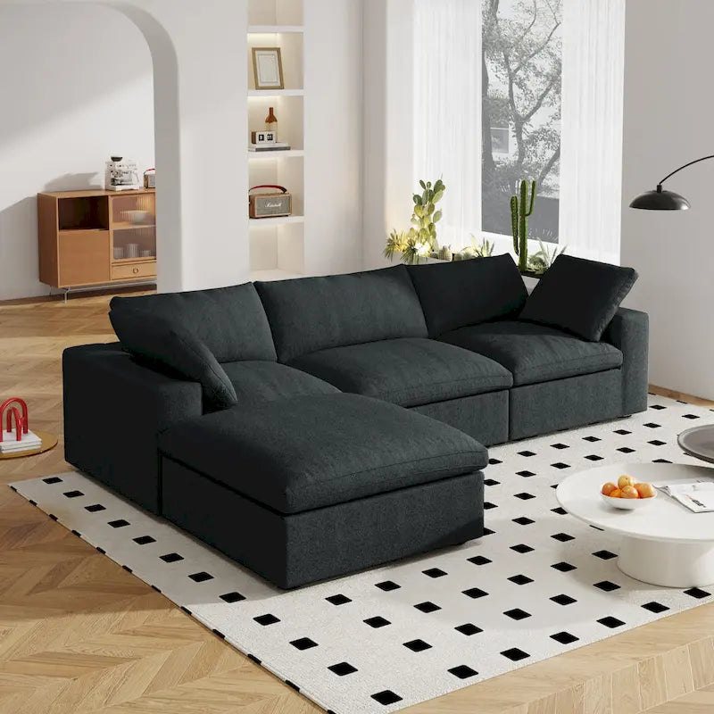 120  L-shaped Modern Sectional Sofa Linen Modular Sofa Couch with Storage Ottoman