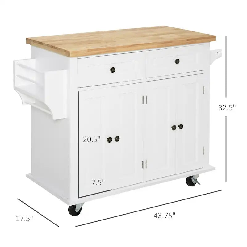 HOMCOM Rolling Kitchen Island Cart with Rubber Wood Top, Spice Rack, Towel Rack & Drawers for Dining Room