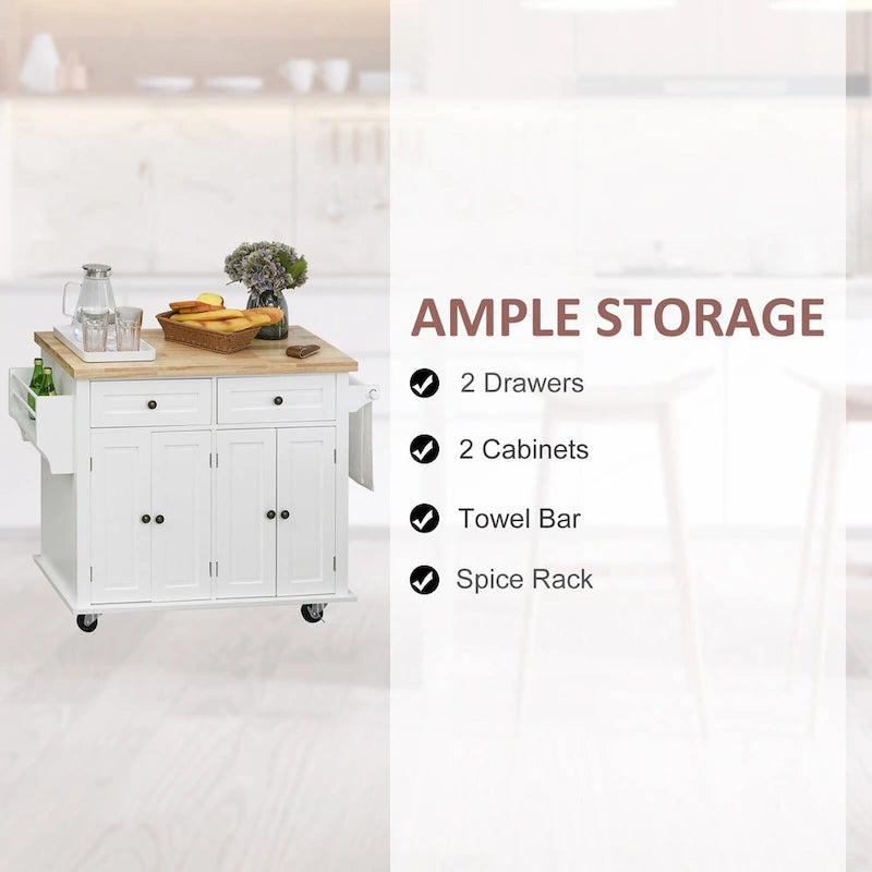 HOMCOM Rolling Kitchen Island Cart with Rubber Wood Top, Spice Rack, Towel Rack & Drawers for Dining Room