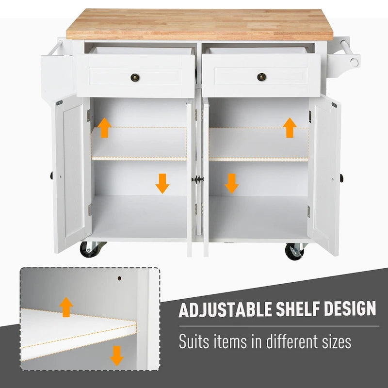 HOMCOM Rolling Kitchen Island Cart with Rubber Wood Top, Spice Rack, Towel Rack & Drawers for Dining Room