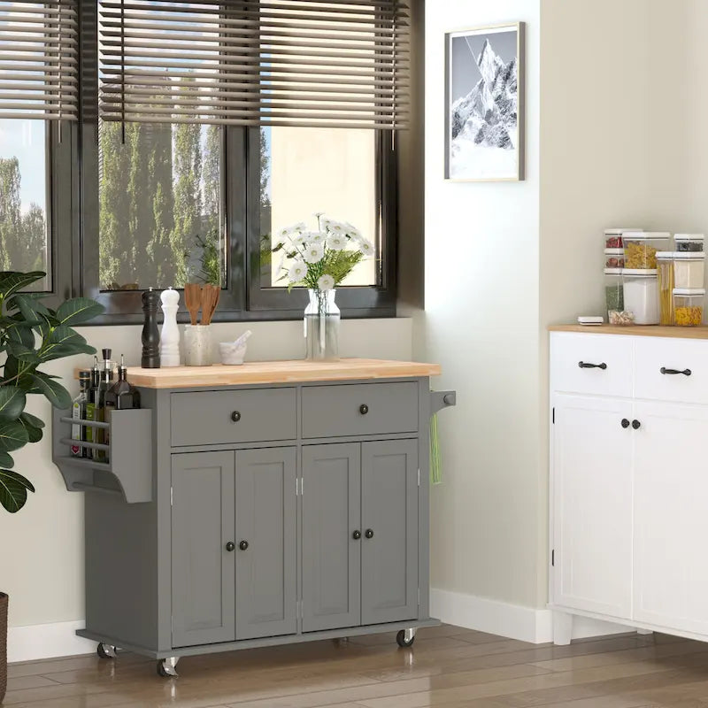 HOMCOM Rolling Kitchen Island Cart with Rubber Wood Top, Spice Rack, Towel Rack & Drawers for Dining Room