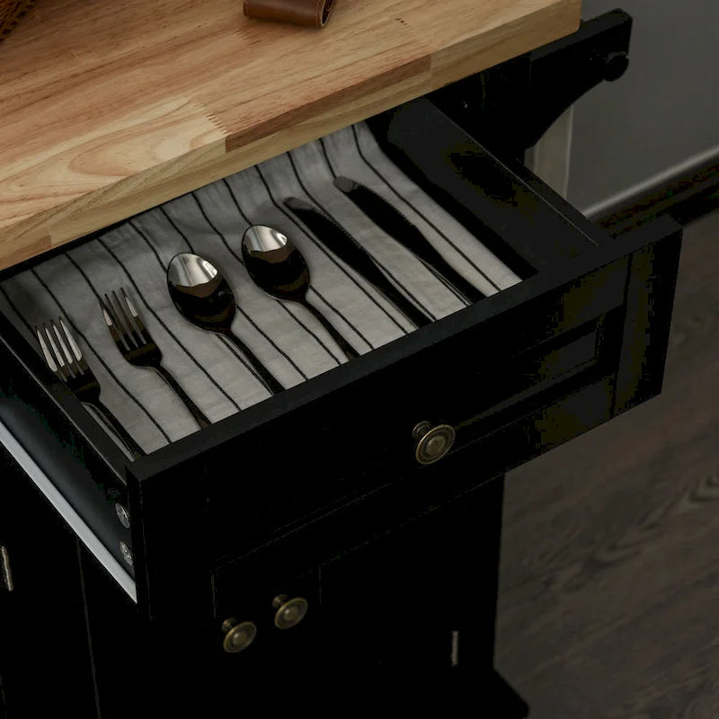 HOMCOM Rolling Kitchen Island Cart with Rubber Wood Top, Spice Rack, Towel Rack & Drawers for Dining Room