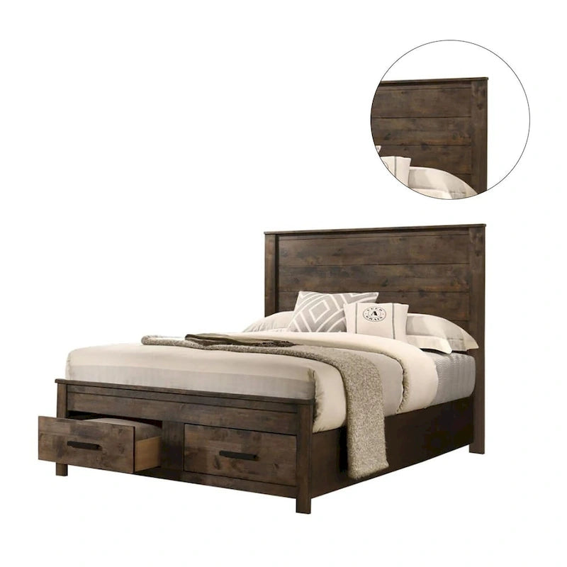 Wooden Eastern King Bed With Two Footboard Drawers in Golden Brown