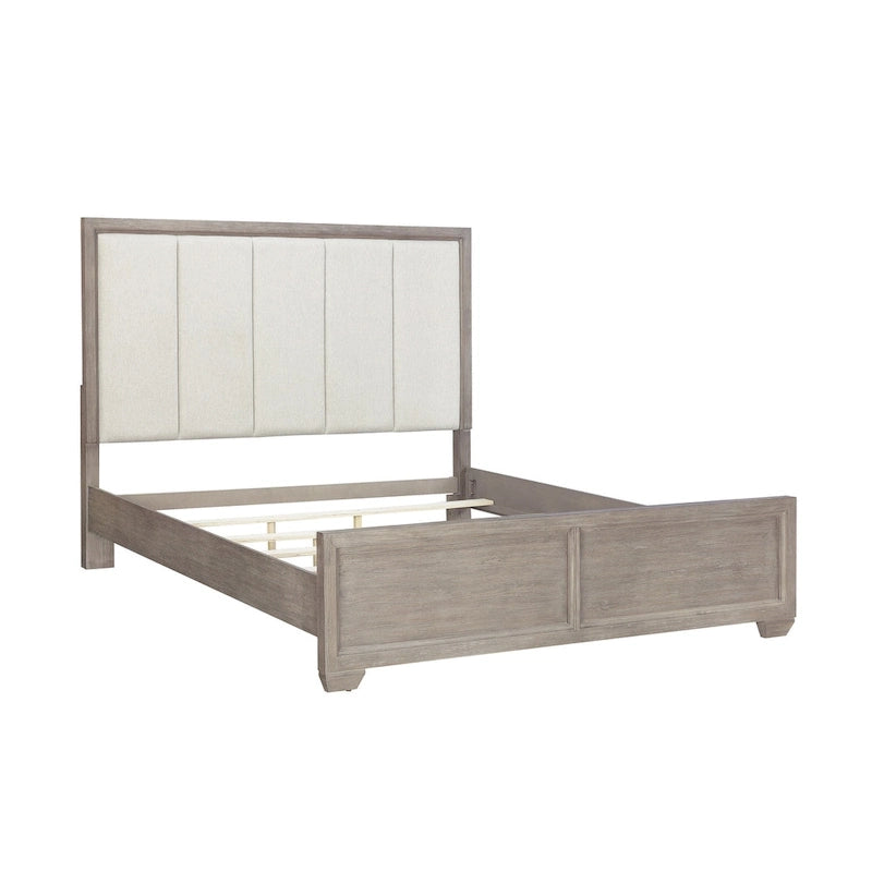 Roundhill Furniture Ennesley Gray Wood Bedroom Set with Upholstered Panel Bed, Dresser, Mirror, and Nightstand
