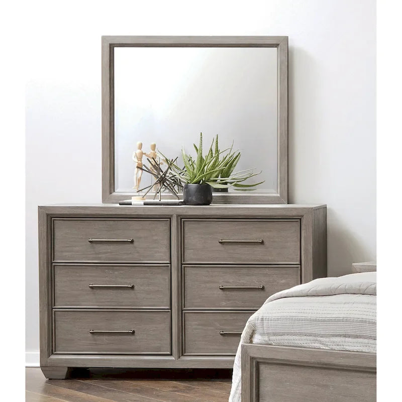 Roundhill Furniture Ennesley Gray Wood Bedroom Set with Upholstered Panel Bed, Dresser, Mirror, and Nightstand