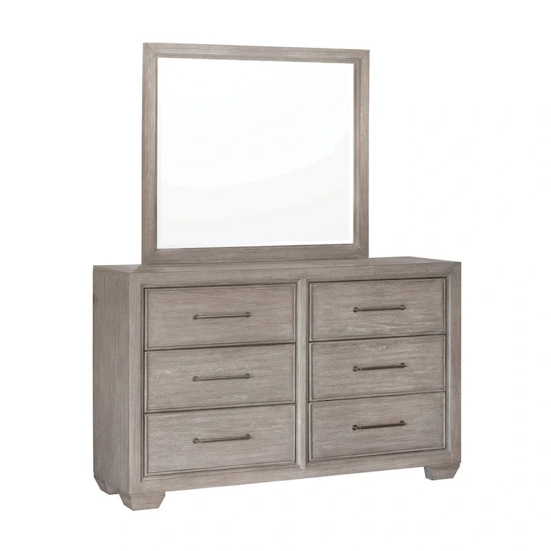 Roundhill Furniture Ennesley Gray Wood Bedroom Set with Upholstered Panel Bed, Dresser, Mirror, and Nightstand