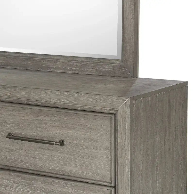 Roundhill Furniture Ennesley Gray Wood Bedroom Set with Upholstered Panel Bed, Dresser, Mirror, and Nightstand