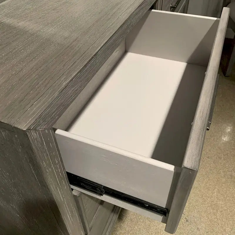 Roundhill Furniture Ennesley Gray Wood Bedroom Set with Upholstered Panel Bed, Dresser, Mirror, and Nightstand