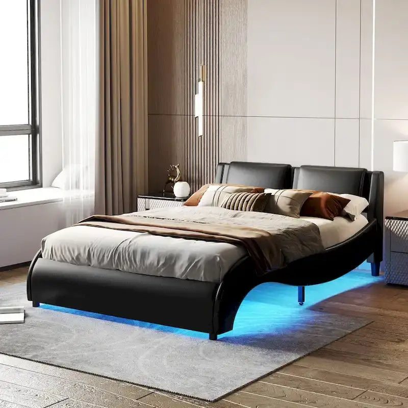 Upholstered Faux Leather Platform Bed with LED Light