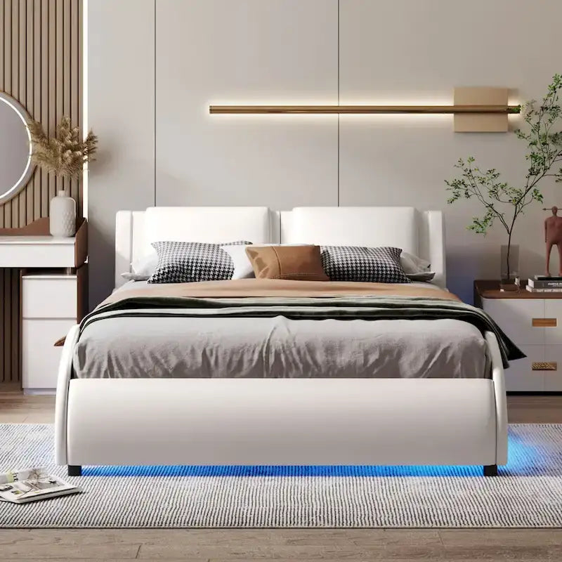 Upholstered Faux Leather Platform Bed with LED Light