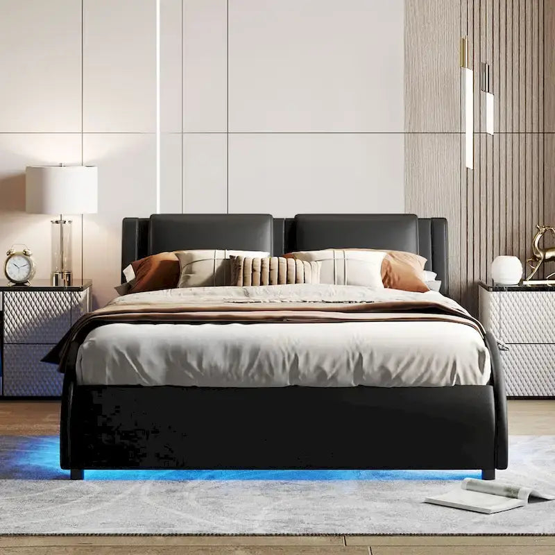 Upholstered Faux Leather Platform Bed with LED Light
