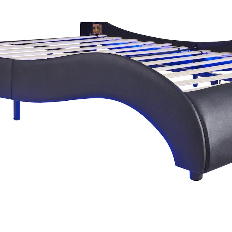 Upholstered Faux Leather Platform Bed with LED Light