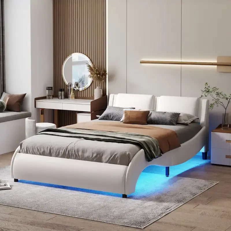 Upholstered Faux Leather Platform Bed with LED Light