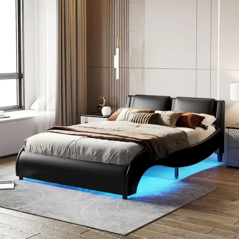 Upholstered Faux Leather Platform Bed with LED Light
